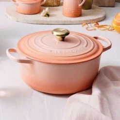 Le Creuset Signature Cast Iron 7.25-quart Peche Round Dutch Oven -Zwilling Shop 05 Peche Moodboard Angle 0339 HORZ HERO