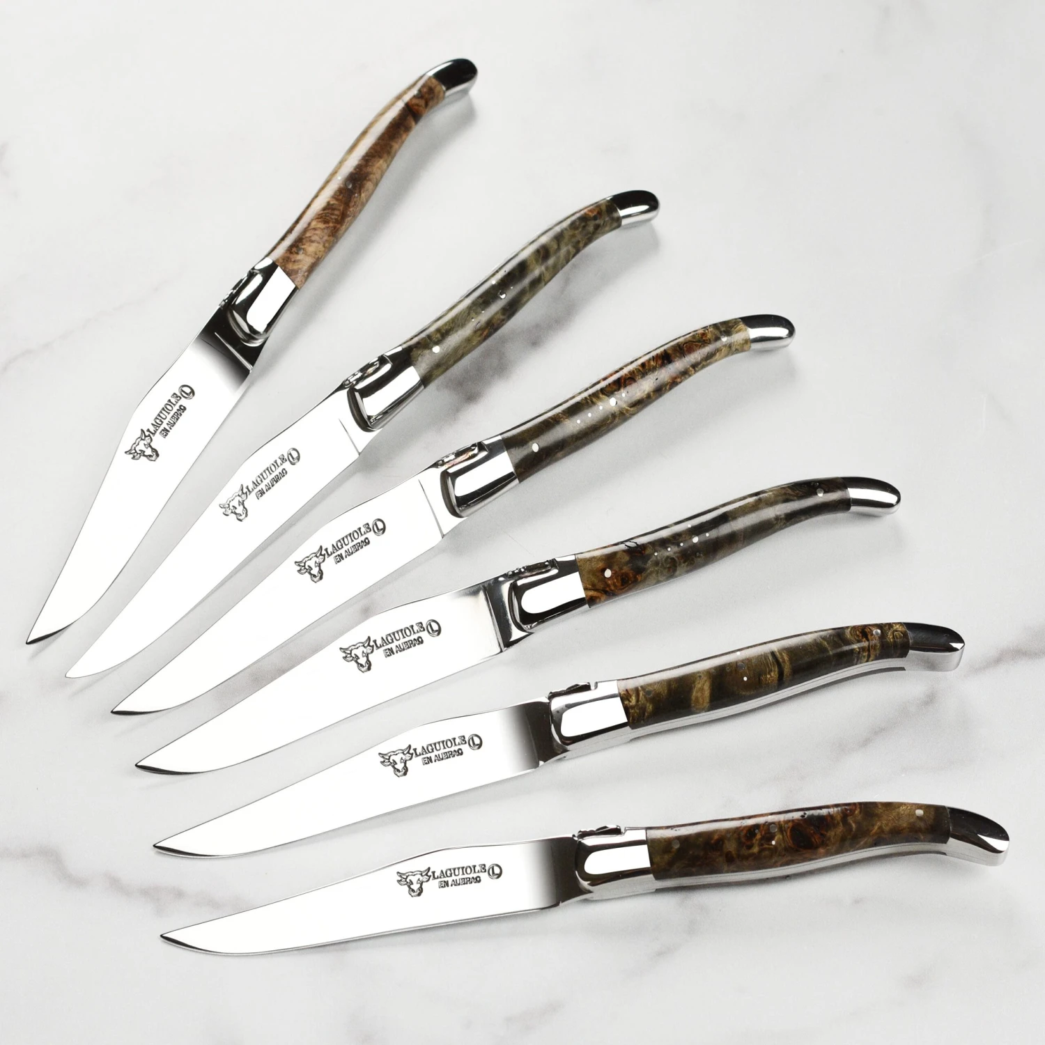 Laguiole En Aubrac 6 Piece Stainless Steel Steak Knife Set With Black Poplar Burl Wood Handles 4 Laguiole En Aubrac 6 Piece Stainless Steel Steak Knife Set With Black Poplar Burl Wood Handles - Image 2