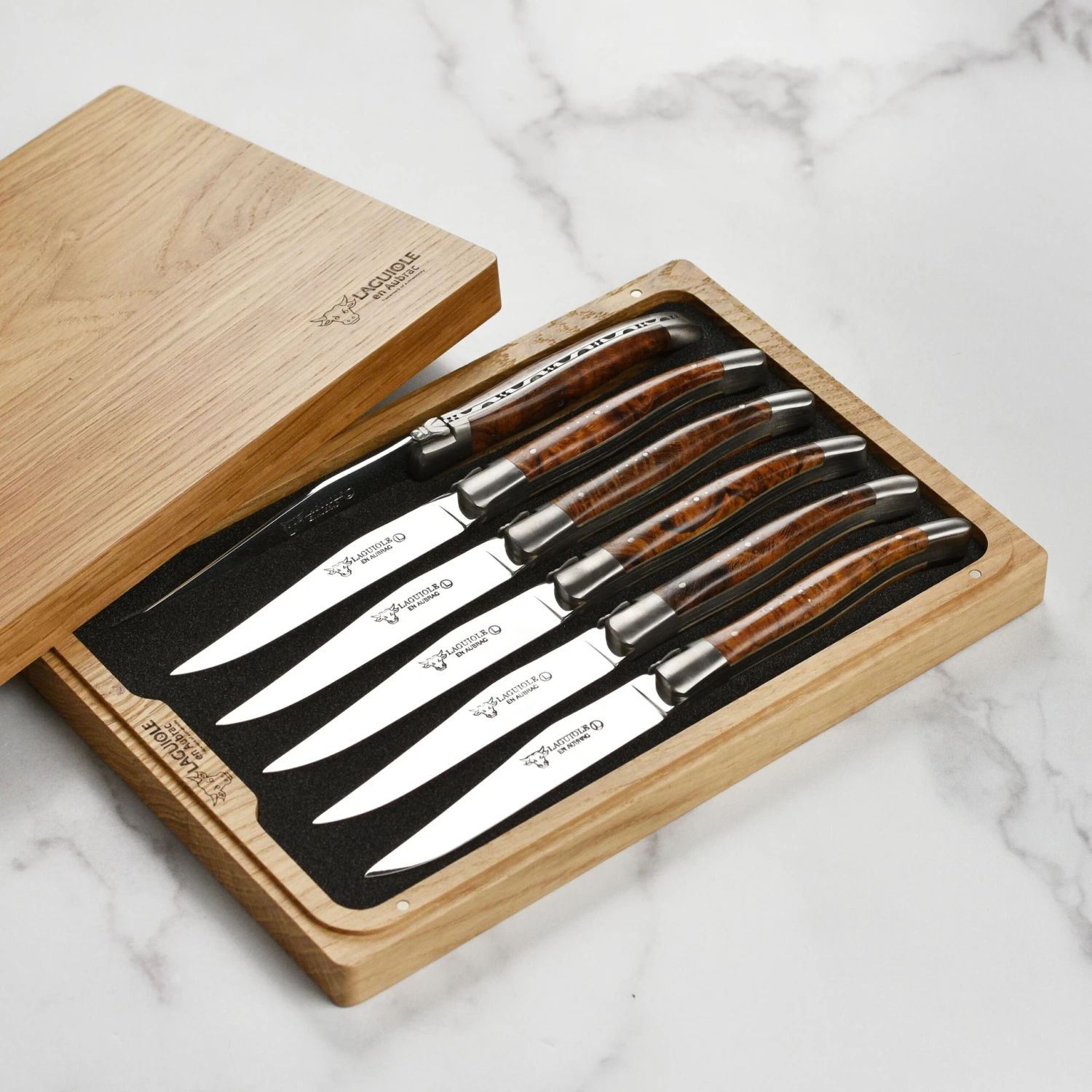 Laguiole En Aubrac 6 Piece Stainless Steel Steak Knife Set With Desert Iron Wood Burl Handles 5 Laguiole En Aubrac 6 Piece Stainless Steel Steak Knife Set With Desert Iron Wood Burl Handles - Image 3