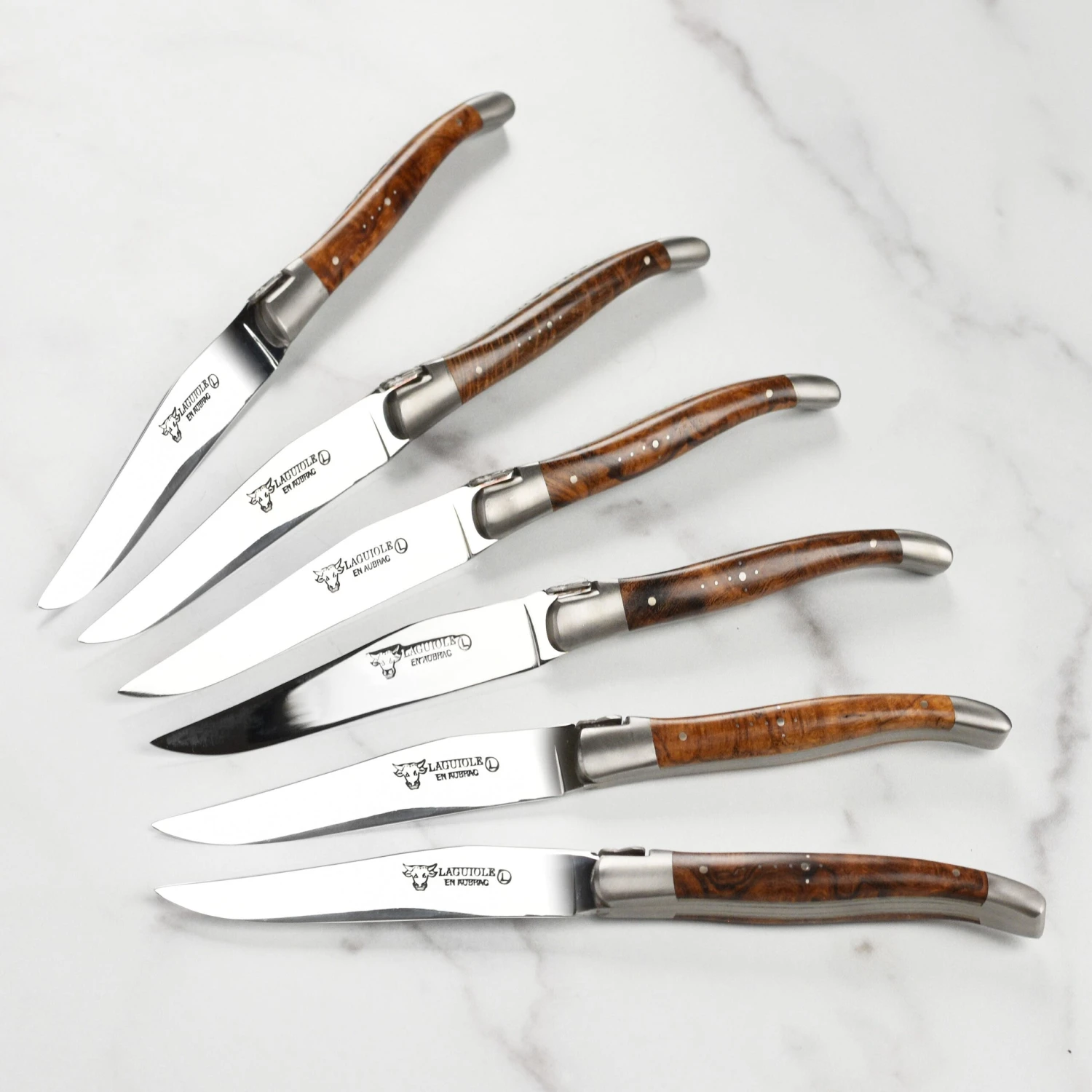 Laguiole En Aubrac 6 Piece Stainless Steel Steak Knife Set With Desert Iron Wood Burl Handles 4 Laguiole En Aubrac 6 Piece Stainless Steel Steak Knife Set With Desert Iron Wood Burl Handles - Image 2