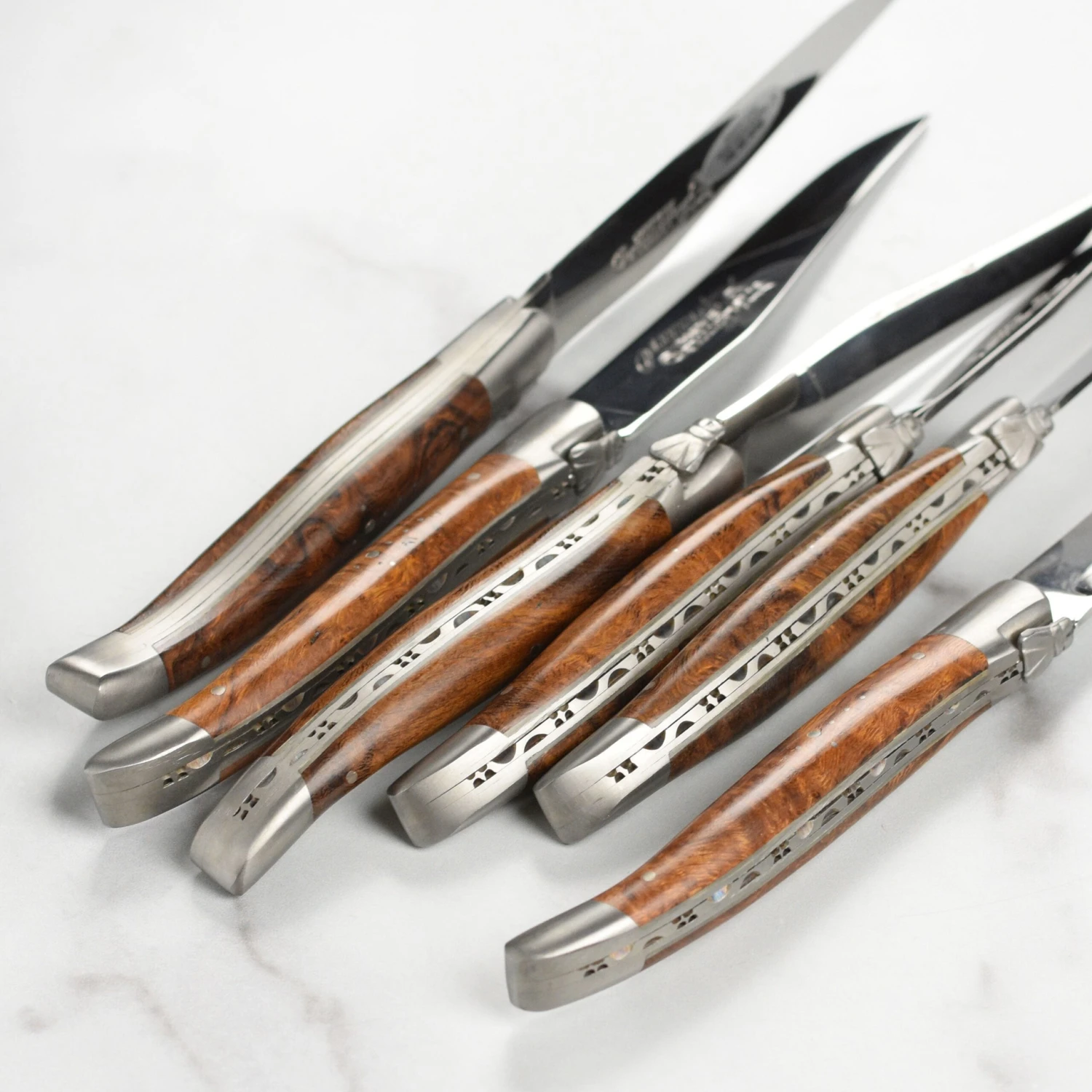 Laguiole En Aubrac 6 Piece Stainless Steel Steak Knife Set With Desert Iron Wood Burl Handles 7 Laguiole En Aubrac 6 Piece Stainless Steel Steak Knife Set With Desert Iron Wood Burl Handles - Image 5