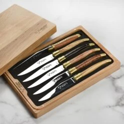Laguiole En Aubrac 6 Piece Steak Knife Set With Burl Mixed Wood Handles & Brass Bolsters -Zwilling Shop 43343