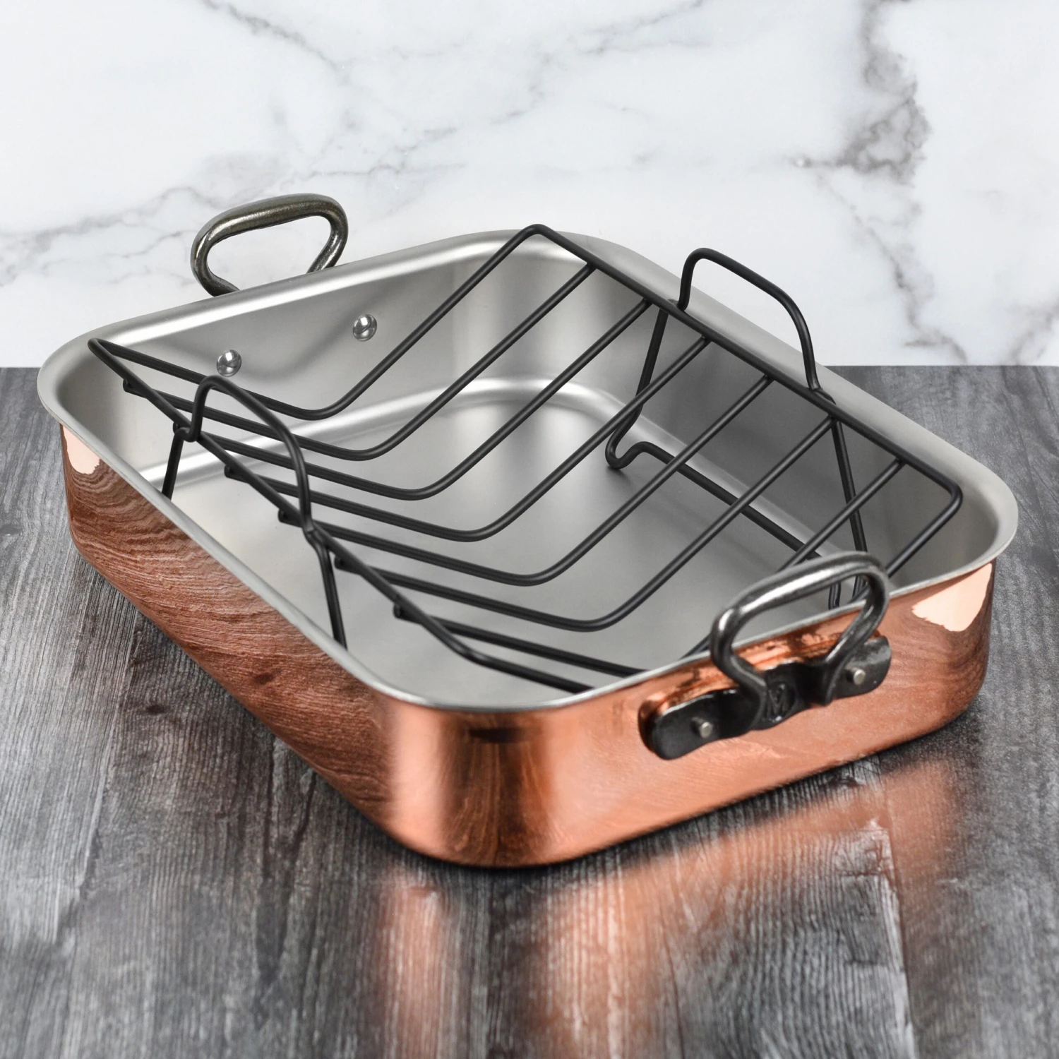 Mauviel 16" X 12" Tri-Ply Copper Roasting Pan & Rack With Cast Iron Handles 4 Mauviel 16" X 12" Tri-Ply Copper Roasting Pan & Rack With Cast Iron Handles - Image 2