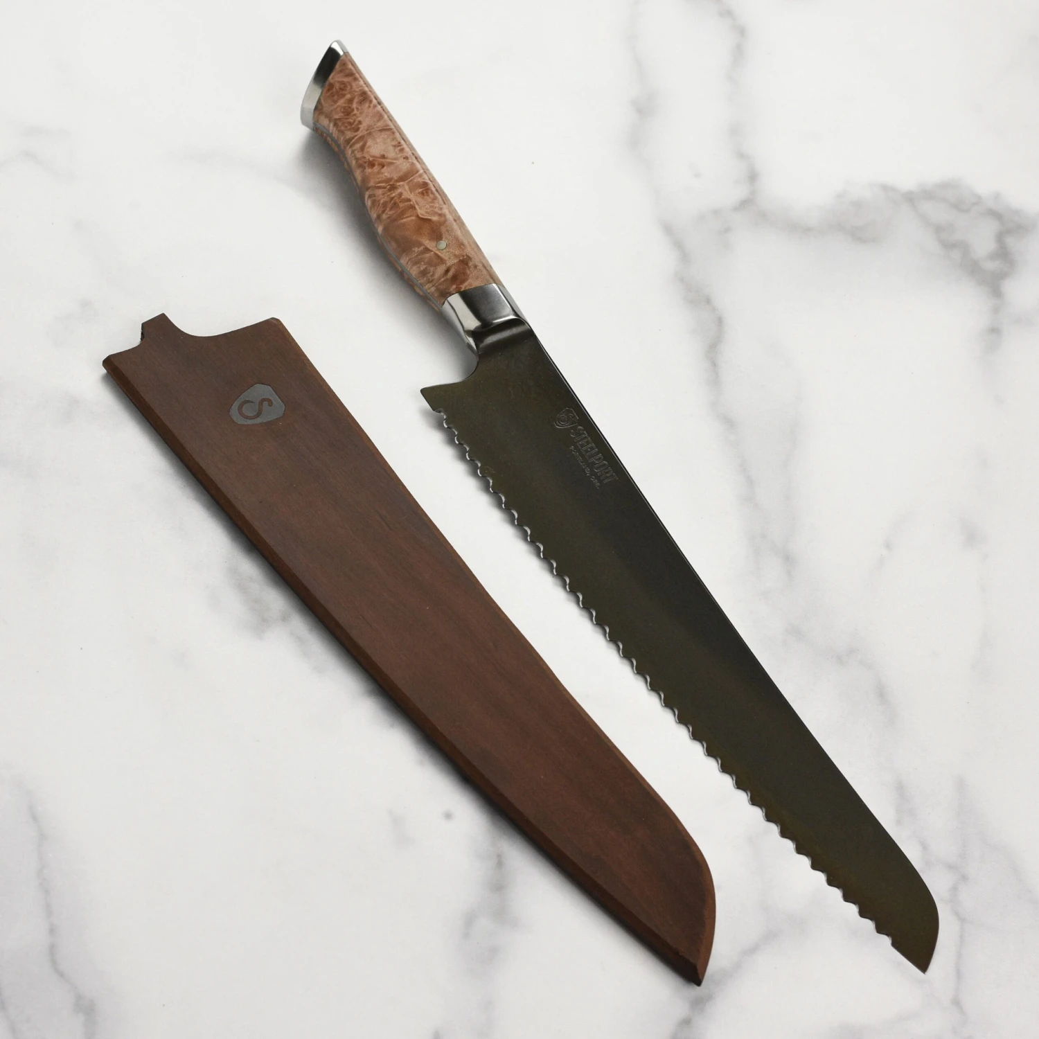 Steelport Carbon Steel 10" Bread Knife With Oregon Maple Magnetic Sheath 3 Steelport Carbon Steel 10" Bread Knife With Oregon Maple Magnetic Sheath
