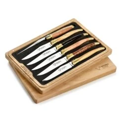 Laguiole En Aubrac 6 Piece Steak Knife Set With Burl Mixed Wood Handles & Brass Bolsters -Zwilling Shop 6 Piece Steak Knife Sets