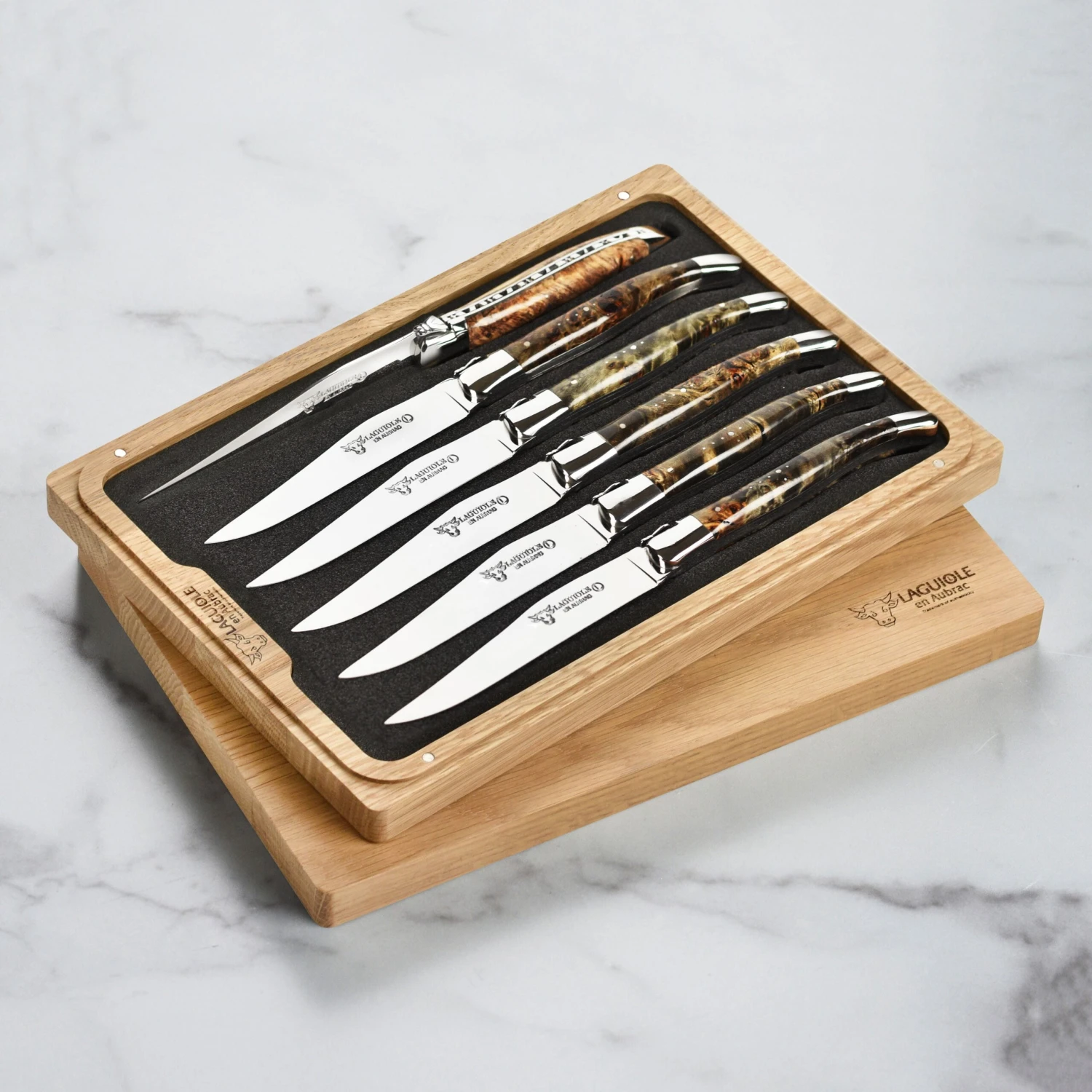 Laguiole En Aubrac 6 Piece Stainless Steel Steak Knife Set With Black Poplar Burl Wood Handles 3 Laguiole En Aubrac 6 Piece Stainless Steel Steak Knife Set With Black Poplar Burl Wood Handles