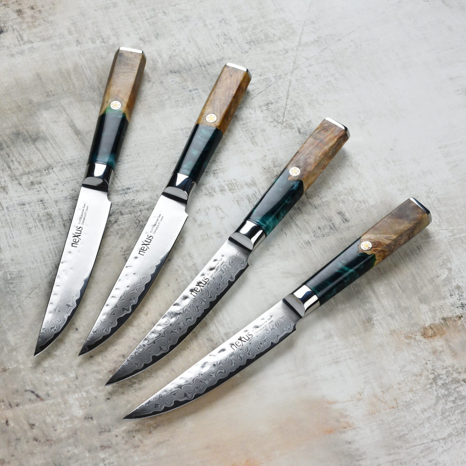 Nexus 4 Piece Damascus Steak Knife Set, Resin & Stabilized Wood 4 Nexus 4 Piece Damascus Steak Knife Set, Resin & Stabilized Wood - Image 2