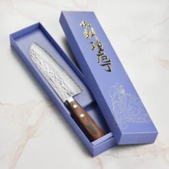 Masutani VG1 Hammered 6.7" Santoku, Brown Handle -Zwilling Shop DSC 4515