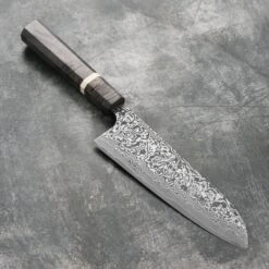 Saji SG2 Black Damascus 7" Santoku, Stabilized Birch