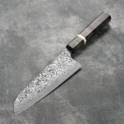 Saji SG2 Black Damascus 7" Santoku, Stabilized Birch -Zwilling Shop DSC 5250
