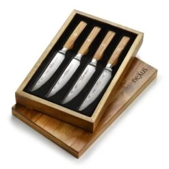 Nexus 4 Piece Damascus Steak Knife Set, Olive Wood -Zwilling Shop Nexus4PieceDamascusSteakKnifeSet OliveWood