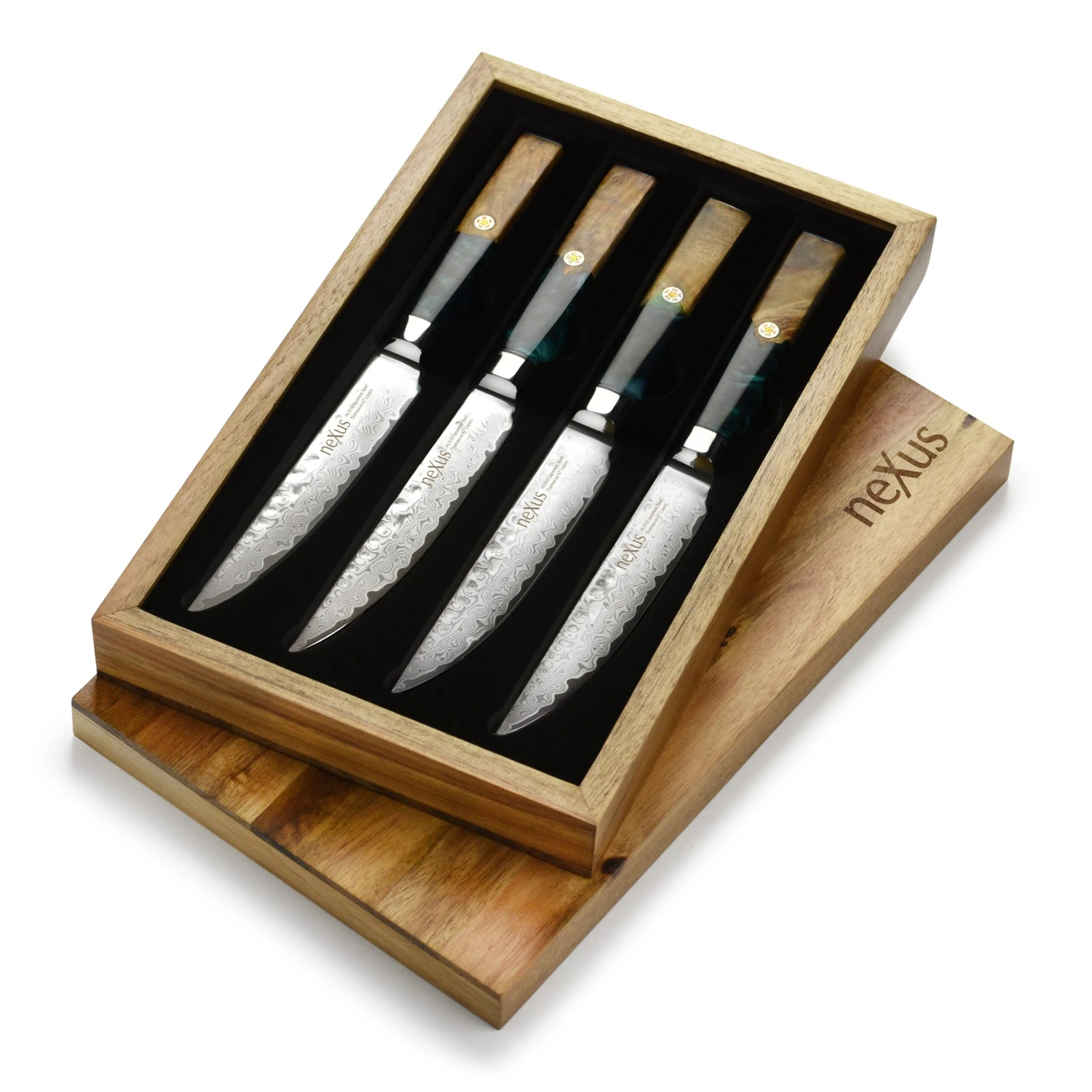 Nexus 4 Piece Damascus Steak Knife Set, Resin & Stabilized Wood 11 Nexus 4 Piece Damascus Steak Knife Set, Resin & Stabilized Wood - Image 9