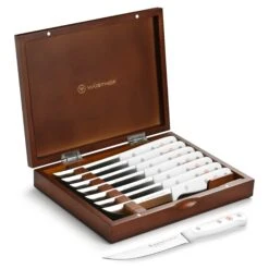 Wusthof Gourmet 8 Piece Steak Knife Set With Case, White Handles -Zwilling Shop WusthofGourmet8PieceSteakKnifeSetwithCase WhiteHandles
