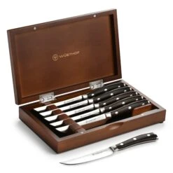 Wusthof Ikon Blackwood 6 Piece Steak Knife Set With Wood Case -Zwilling Shop WusthofIkonBlackwood6PieceSteakKnifeSetwithWoodCase